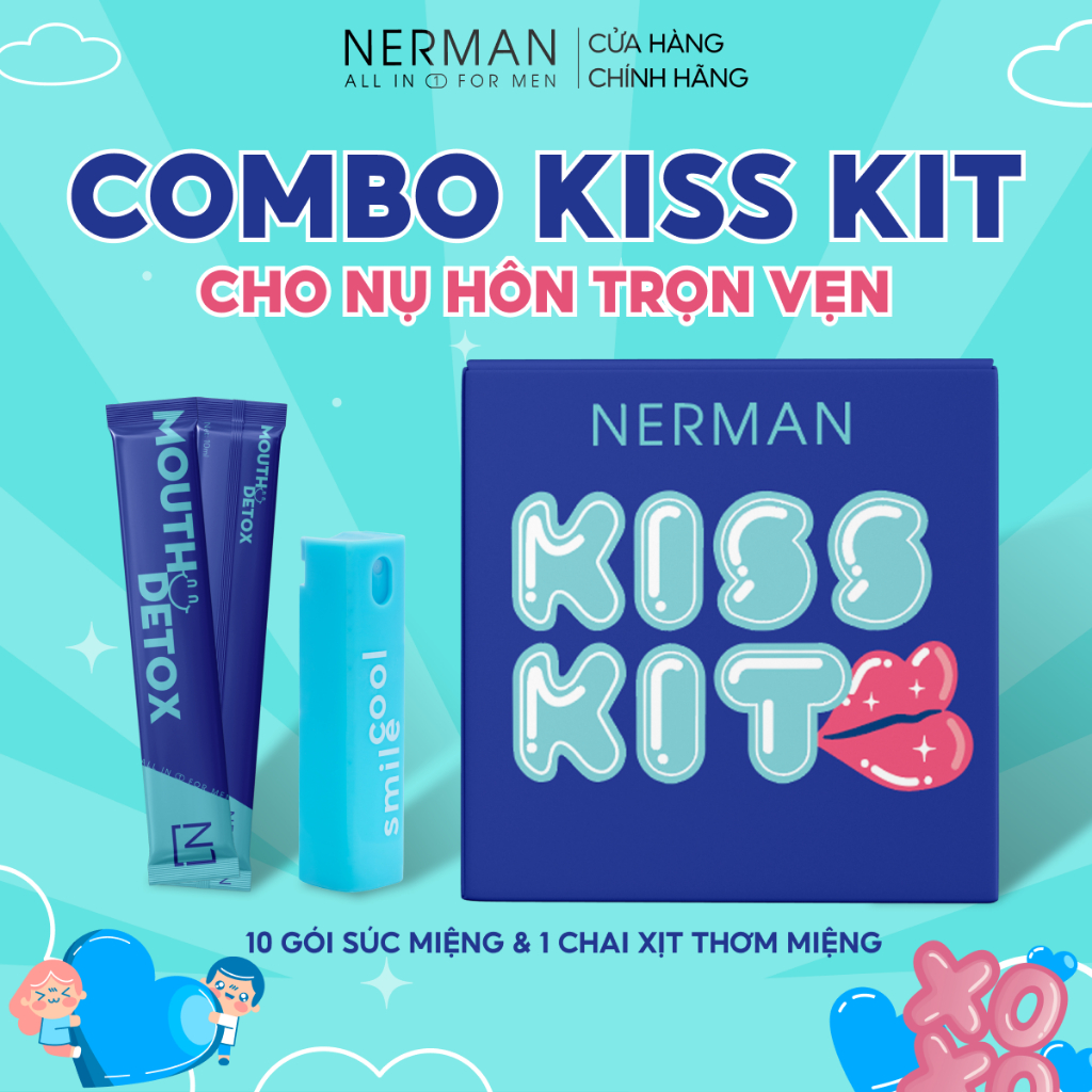 Combo Kiss Kit Nerman-Xịt thơm miệng Spray&Kiss 10ml&10Gói Nước súc miệng Mouth Detox 10ml/gói-TẶNG 1 CẨM NANG TẬP HÔN