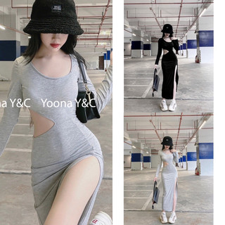 Đầm body khoét eo xẻ tà sexy tay dài 3 tone màu đô-xám-đen