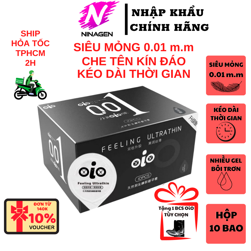 Bao cao su siêu mỏng 001 OiO nhiều gel bôi trơn kéo dài thời gian bcs chống xuất tinh sớm NinaGen