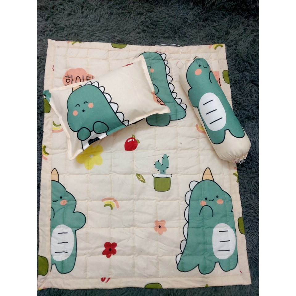 Bộ chăn gối  nệm cho bé , set 3 món cho bé đi học cotton poly thoáng khi hoạ tiết màu hình thú ngộ nghĩnh đáng yêu