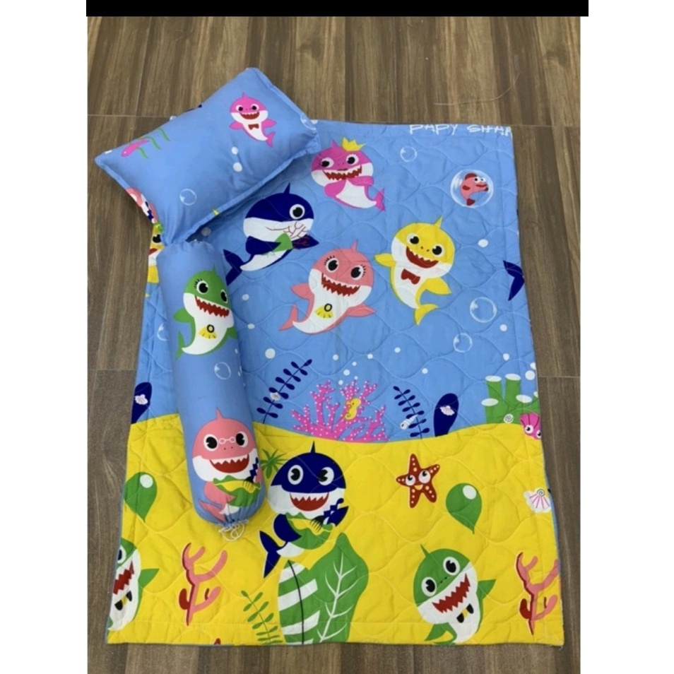 Bộ chăn gối  nệm cho bé , set 3 món cho bé đi học cotton poly thoáng khi hoạ tiết màu hình thú ngộ nghĩnh đáng yêu