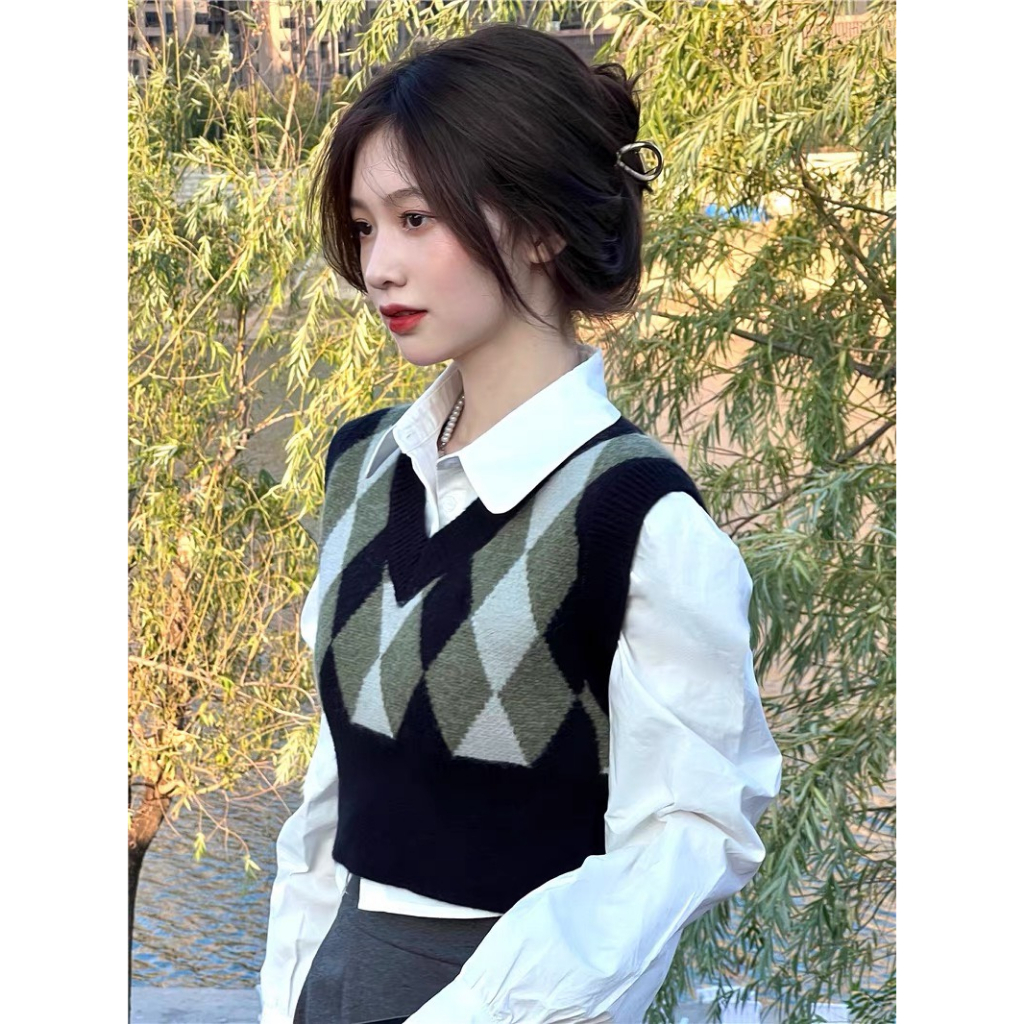 Gile nữ ulzzang họa tiết phối màu hình trám, Áo len ghi lê kiểu hàn form vừa basic kiểu dáng học sinh CHẤT ĐẸP | BigBuy360 - bigbuy360.vn