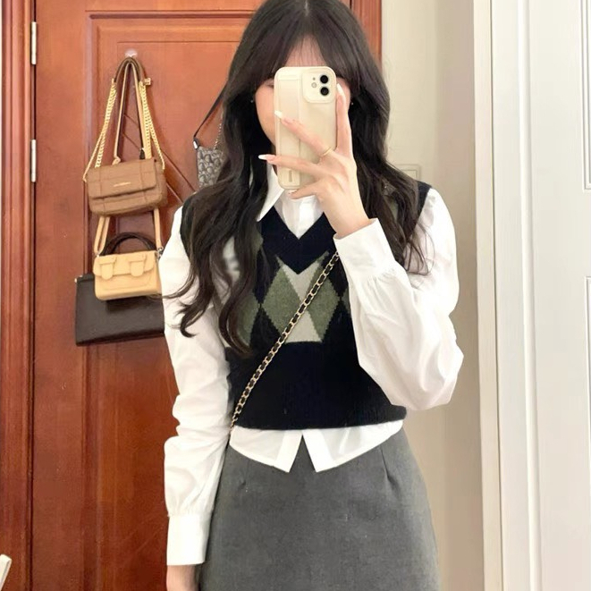 Gile nữ ulzzang họa tiết phối màu hình trám, Áo len ghi lê kiểu hàn form vừa basic kiểu dáng học sinh CHẤT ĐẸP | BigBuy360 - bigbuy360.vn