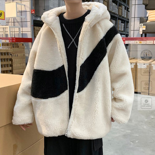 Áo khoác lông cừu phối màu đen trắng, áo hoodie lông cừu unisex dáng rộng