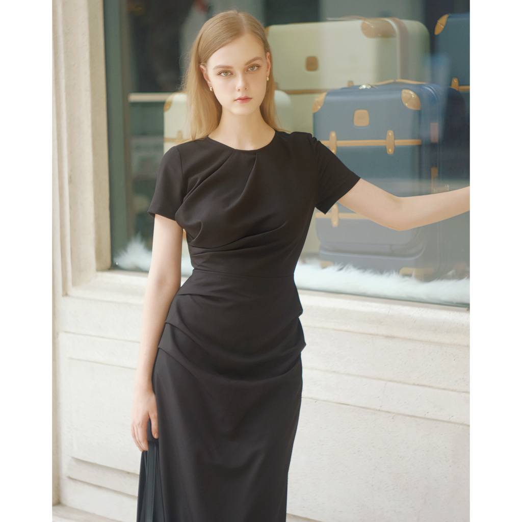 Đầm đen chiết eo thiết kế xếp ly vải cách điệu KHÂU BY CQ Mirabel