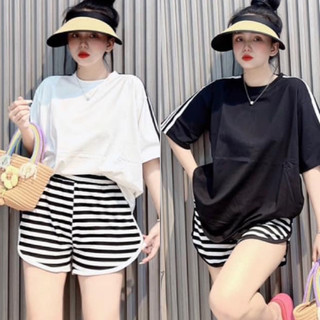 Set bộ áo phông tay ngắn viền + quần short sọc bo viền trắng