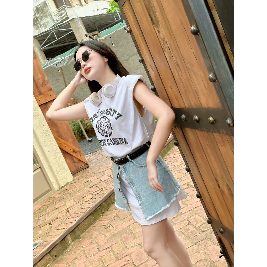 SET ÁO SÁT NÁCH TANKTOP FORM DÀI + CHÂN VÁY JEAN DÂY KÉO XẺ + DÂY NỊT 2 MÀU