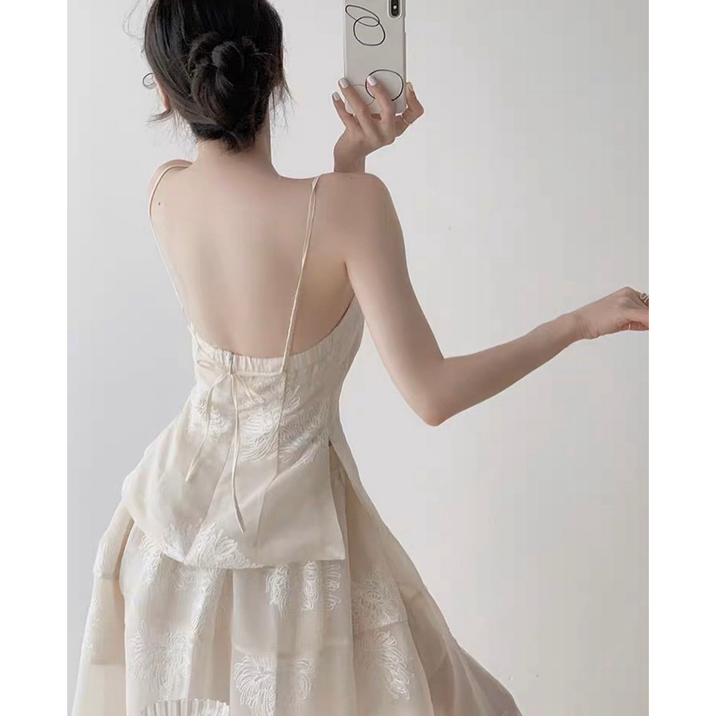 SET ÁO HOA NỔI 2 DÂY TƠ THÊU HOA + CHÂN VÁY MIDI THÊU HOA XÒE