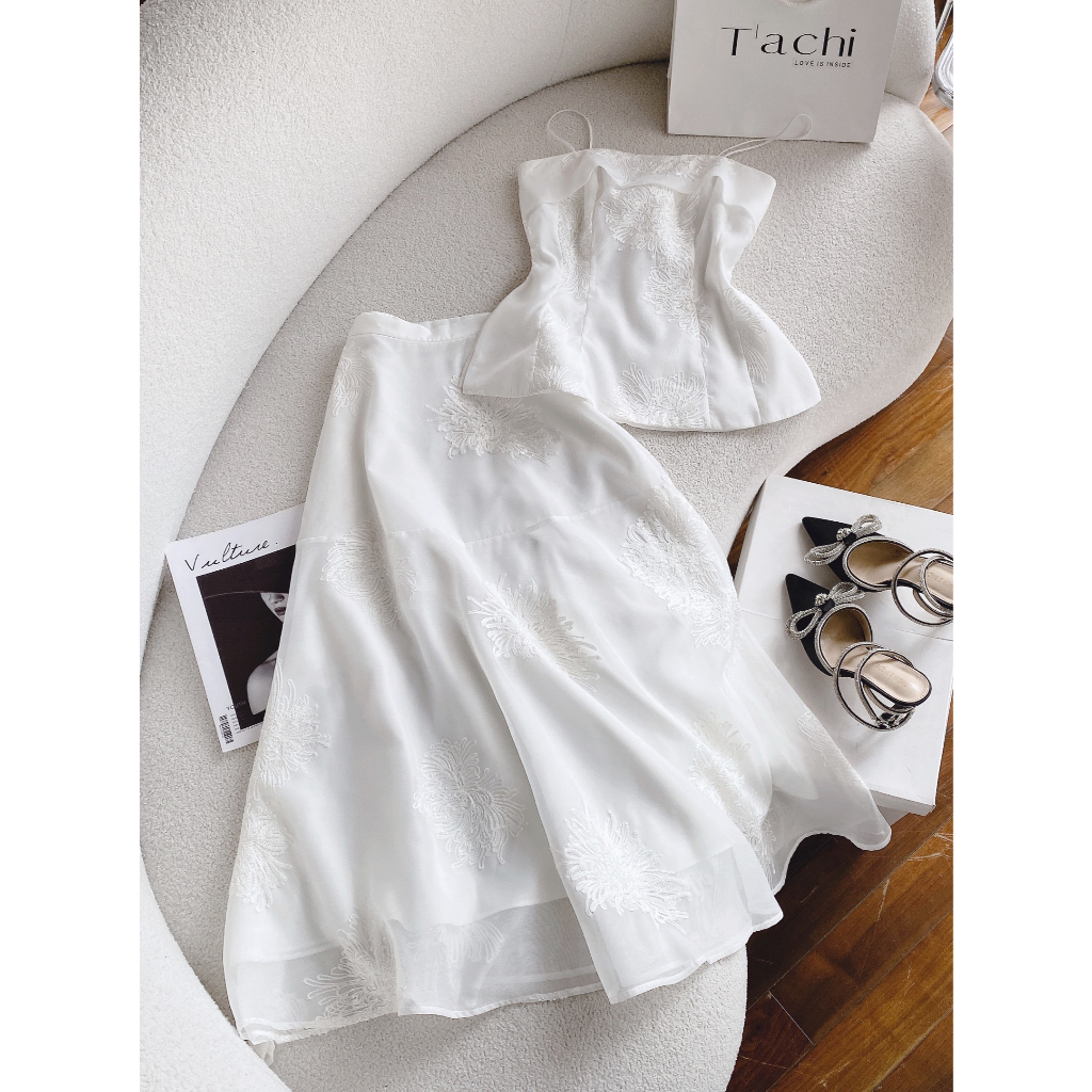 SET ÁO HOA NỔI 2 DÂY TƠ THÊU HOA + CHÂN VÁY MIDI THÊU HOA XÒE