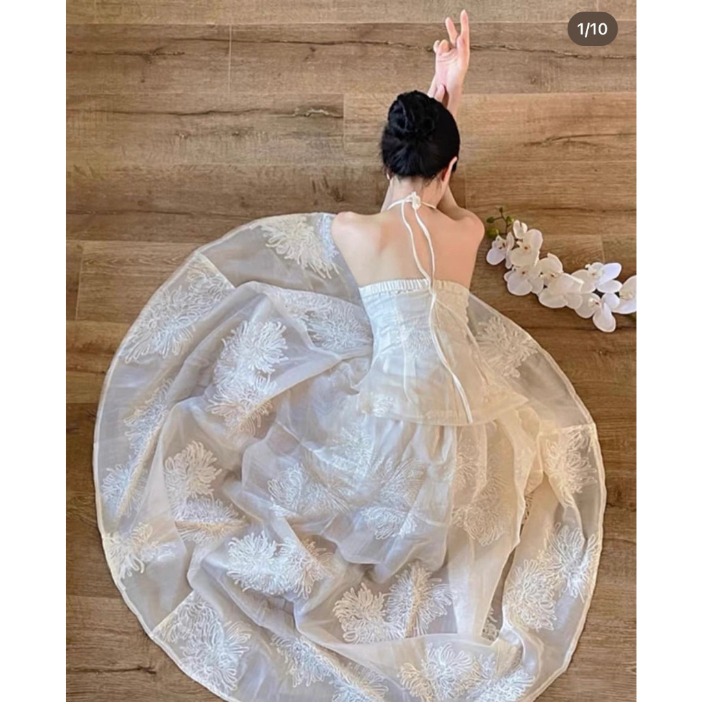 SET ÁO HOA NỔI 2 DÂY TƠ THÊU HOA + CHÂN VÁY MIDI THÊU HOA XÒE