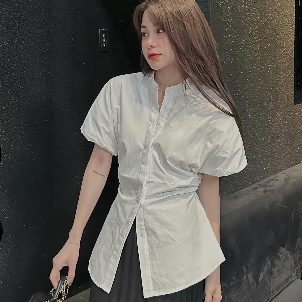 Áo Sơ Mi Cổ Tàu Tay Hến Thắt Nơ Lưng, Áo Sơ Mi Màu Trắng