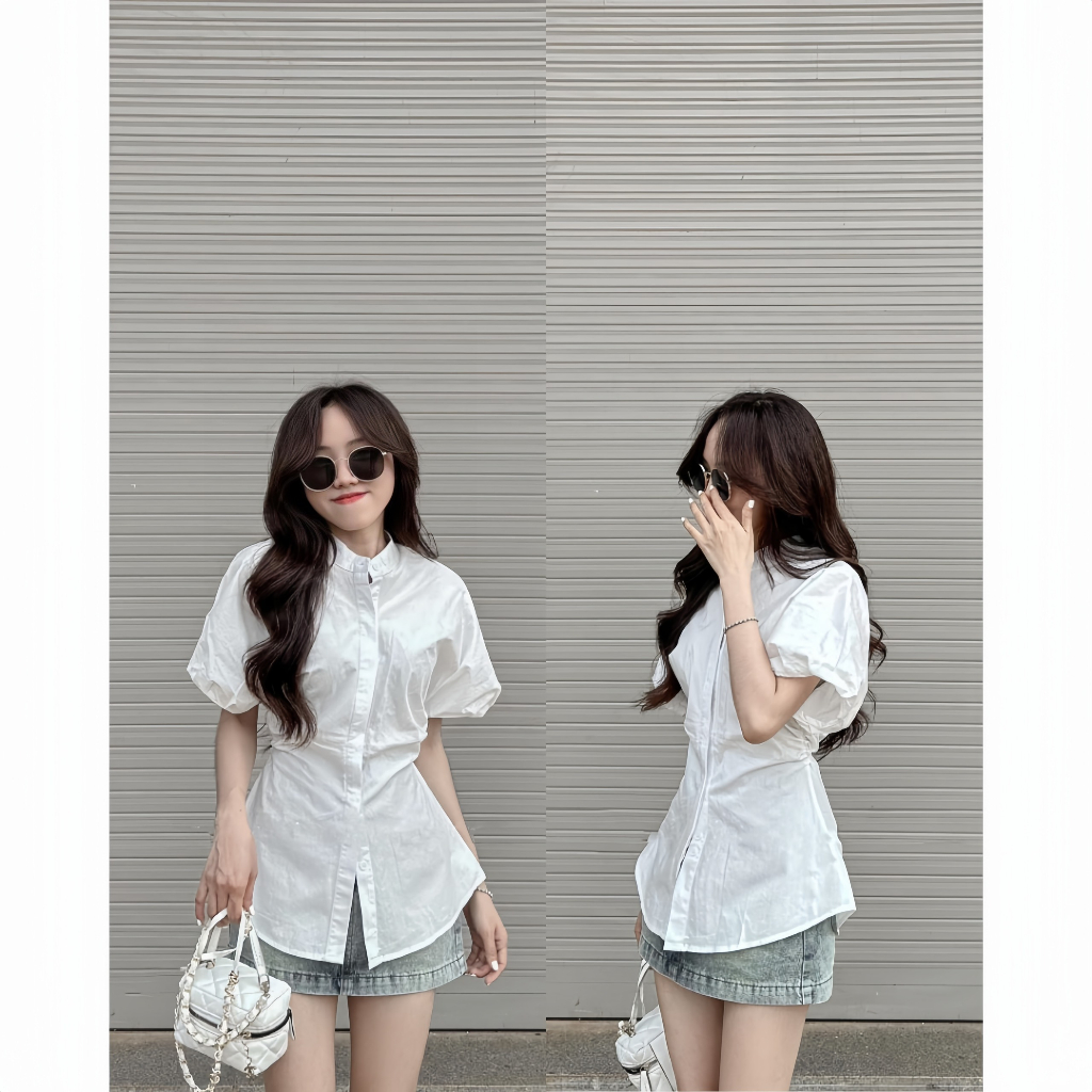 Áo Sơ Mi Cổ Tàu Tay Hến Thắt Nơ Lưng, Áo Sơ Mi Màu Trắng