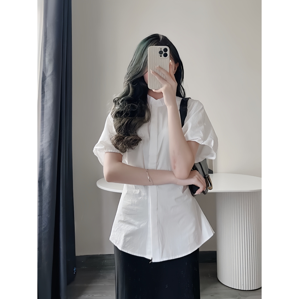 Áo Sơ Mi Cổ Tàu Tay Hến Thắt Nơ Lưng, Áo Sơ Mi Màu Trắng