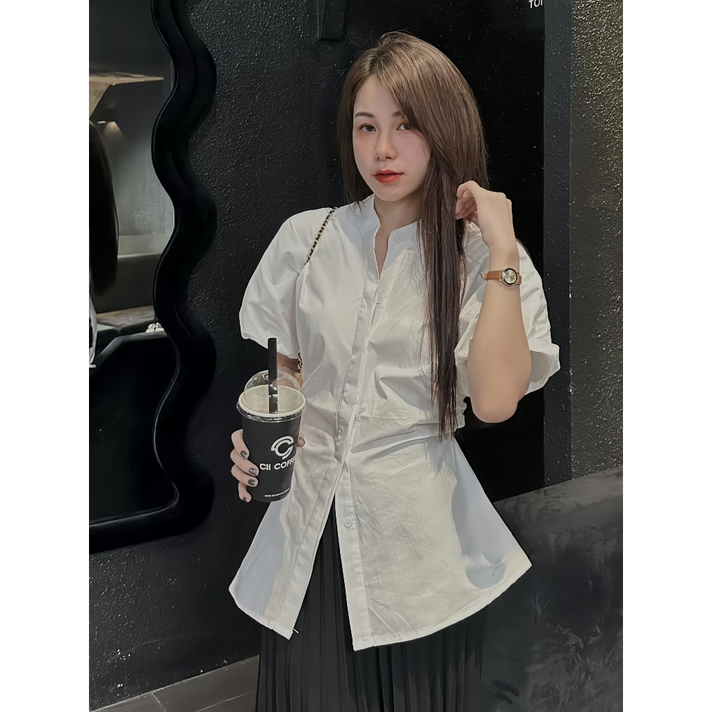 Áo Sơ Mi Cổ Tàu Tay Hến Thắt Nơ Lưng, Áo Sơ Mi Màu Trắng