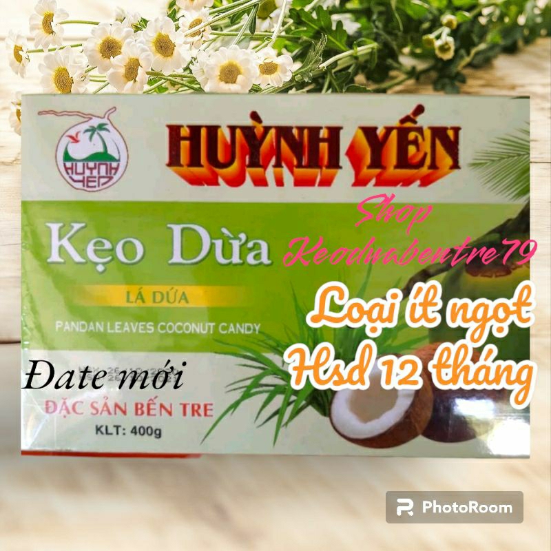 Kẹo dừa Huỳnh Yến lá dứa ít ngọt gói máy ( hộp 400g )