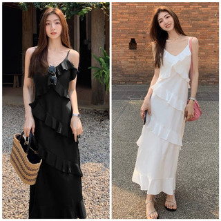 Đầm váy freesize maxi hai dây phối bèo đi biển - đi dạo phố 2 màu