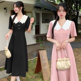 Đầm váy freesize cổ trắng nút ngọc form dài 2 màu