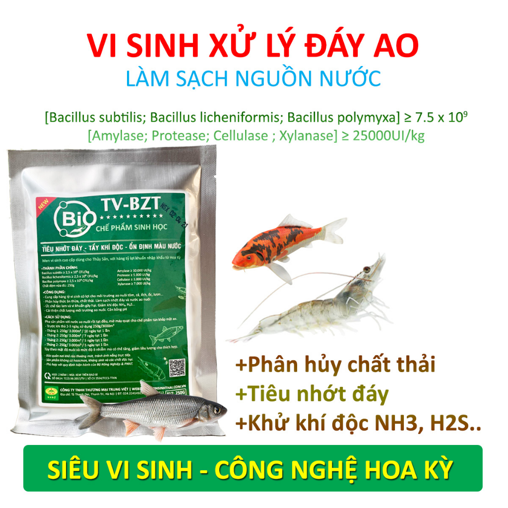 Chế phẩm vi sinh hồ cá, tôm. Xử lý nước, làm sạch nhớt đáy ao. Chặn tảo lam khử khí độc. Hàng tỷ vi lợi khuẩn từ Hoa Kỳ