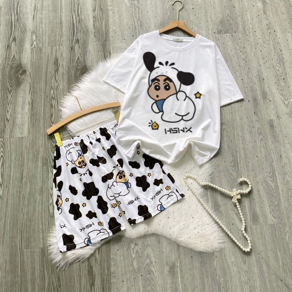 Set Bộ Hoạt Hình V2 Áo Thun Con Bò Tay Lỡ Phối Quần Cartoon Đùi Dáng Rộng Unisex Oversize Ulzzang - MM
