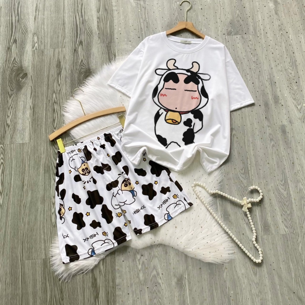 Set Bộ Hoạt Hình V2 Áo Thun Con Bò Tay Lỡ Phối Quần Cartoon Đùi Dáng Rộng Unisex Oversize Ulzzang - MM