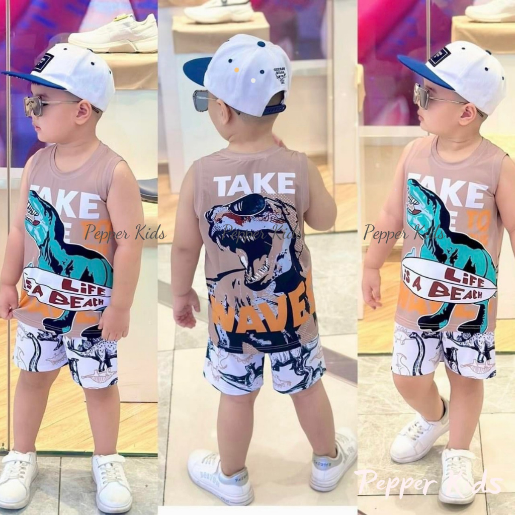 ĐỒ BỘ BÉ TRAI- Đồ bộ sát nách 3 lỗ thun lạnh in hình 3D SIÊU NHÂN HOẠT HÌNH KHỦNG LONG LOẠI 1