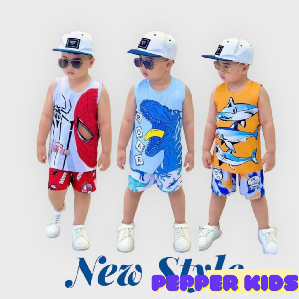 ĐỒ BỘ BÉ TRAI- Đồ bộ sát nách 3 lỗ thun lạnh in hình 3D SIÊU NHÂN HOẠT HÌNH KHỦNG LONG LOẠI 1