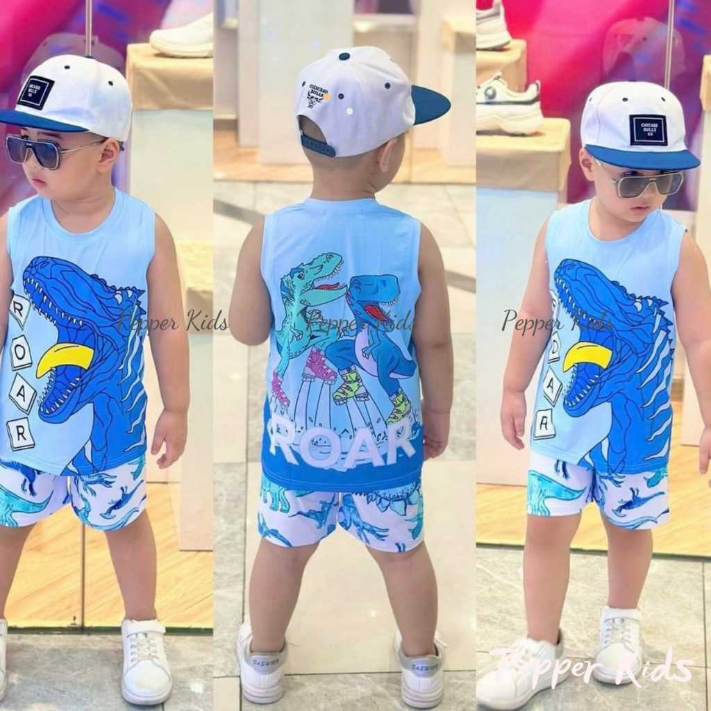 ĐỒ BỘ BÉ TRAI- Đồ bộ sát nách 3 lỗ thun lạnh in hình 3D SIÊU NHÂN HOẠT HÌNH KHỦNG LONG LOẠI 1