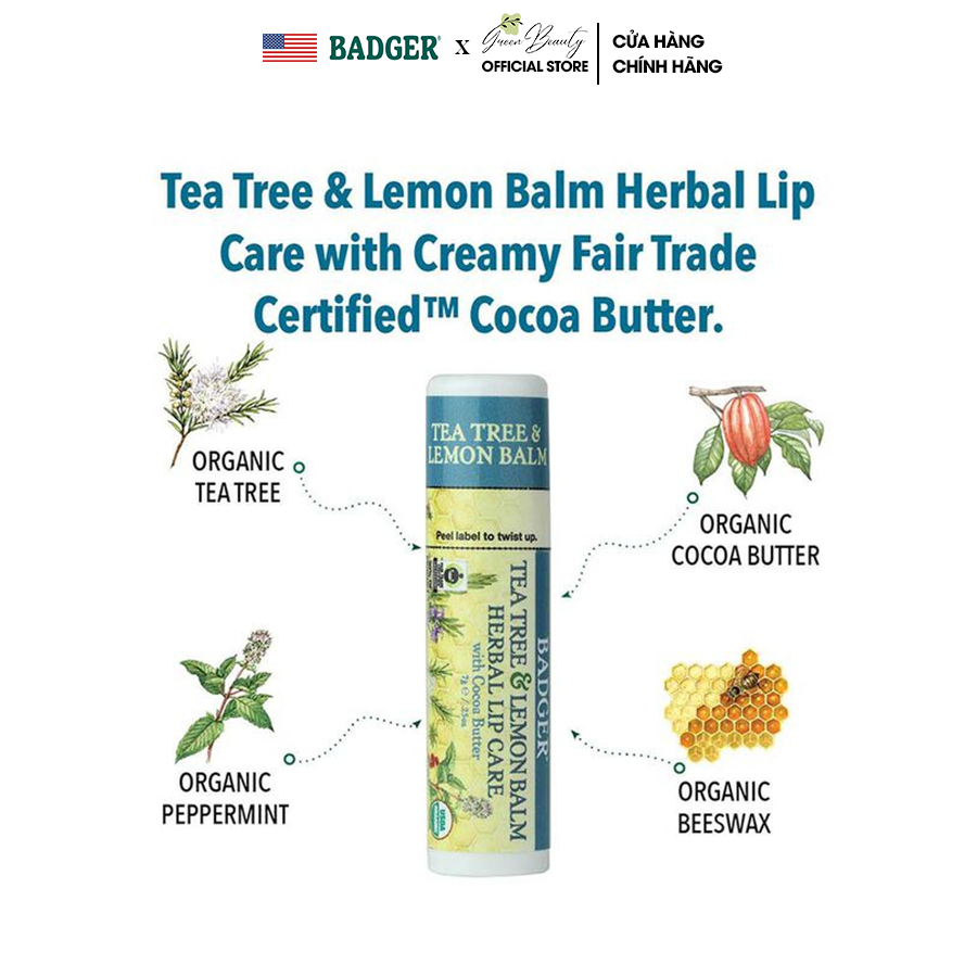 Son Dưỡng Hữu Cơ USDA Organic Dịu Môi Khô Nứt BADGER Tea Tree & Lemon Balm Herbal Lip Balm - Cocoa Butter An Toàn Mẹ Bầu