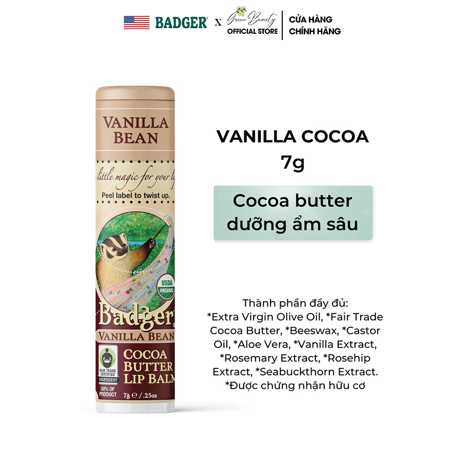 Son Dưỡng Hữu Cơ Mềm Dịu Môi Vanilla Bean Cocoa Butter BADGER USDA Organic Lip Balm Thiên Nhiên An Toàn Mẹ Bầu Em Bé