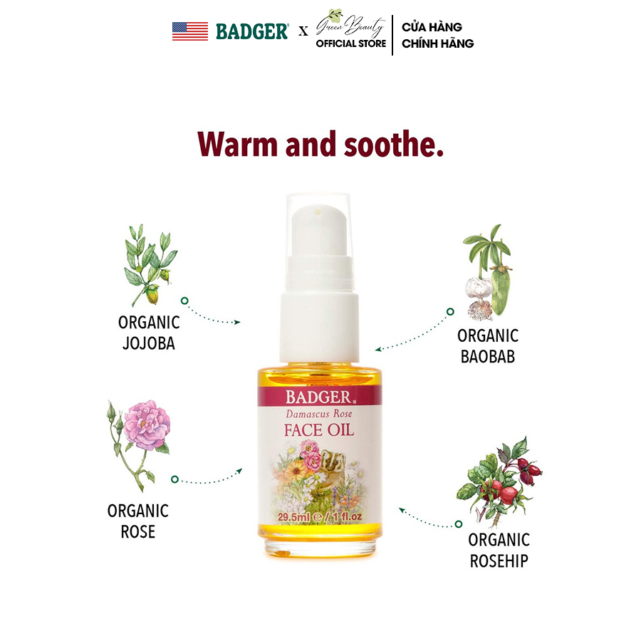 Dầu Dưỡng Hữu Cơ Hoa Hồng USDA Organic Chăm Sóc Da Mặt Khô Lão Hóa Nhập Khẩu Mỹ BADGER Rose Organic Face Oil  29.5ML