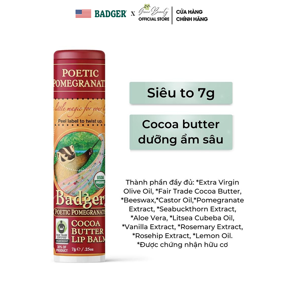 Son Dưỡng Chiết Xuất Lựu Hữu Cơ USDA Organic Làm Dịu Môi Poetic Pomegranate BADGER Cocoa Butter Lip Balm 7g Nhập Khẩu Mỹ