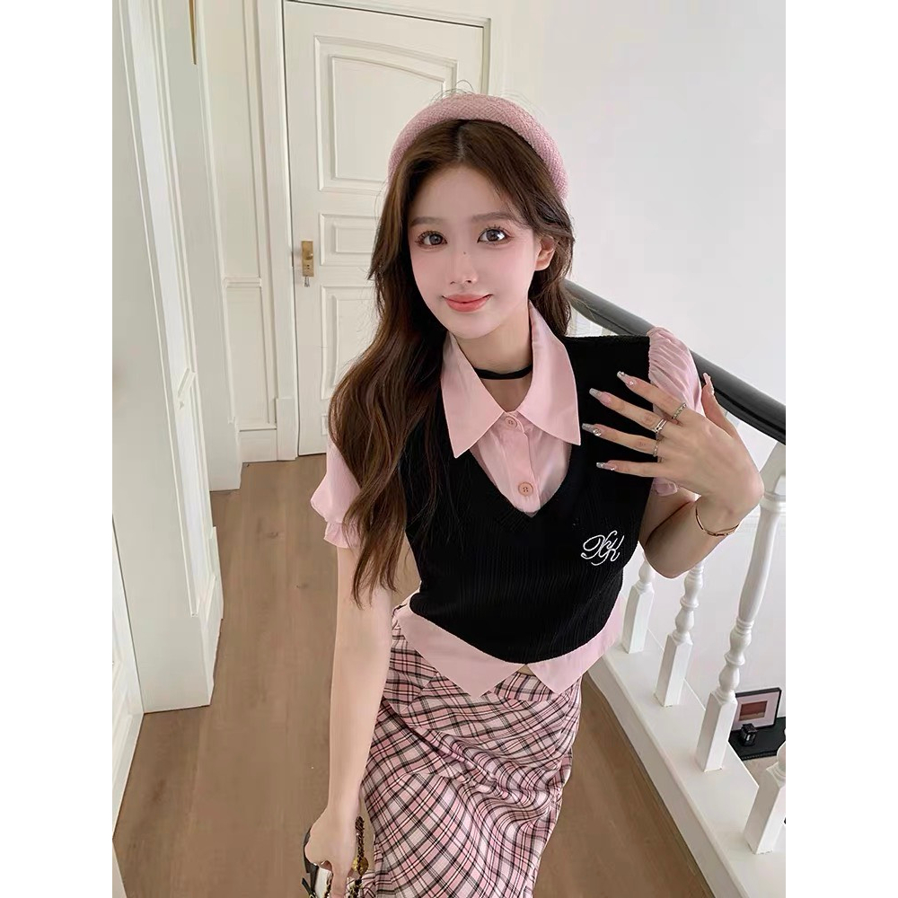 SET HỒNG GILE: ÁO GILE ĐEN + ÁO SƠ MI HỒNG TAY PHỒNG CROPTOP + CHÂN VÁY MIDI CARO SUÔNG