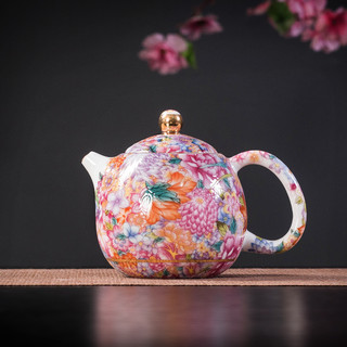 Ấm pha trà sứ cảnh đức trấn họa tiết hoa mẫu đơn phủ men pháp lam đẹp mắt dung tích 230 ml