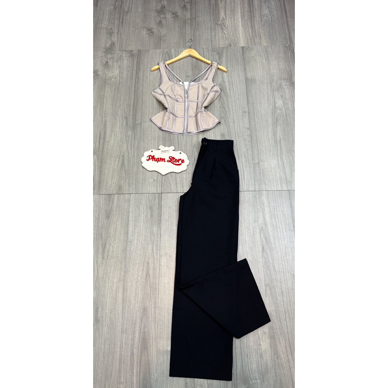 Set áo crop tag khoá+ quần suông