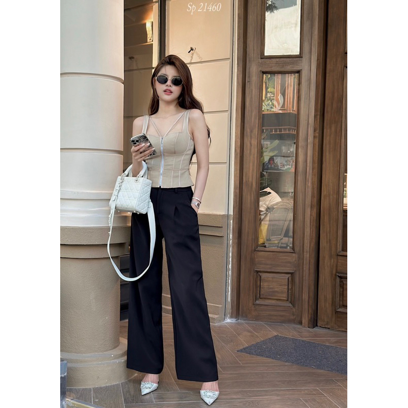 Set áo crop tag khoá+ quần suông