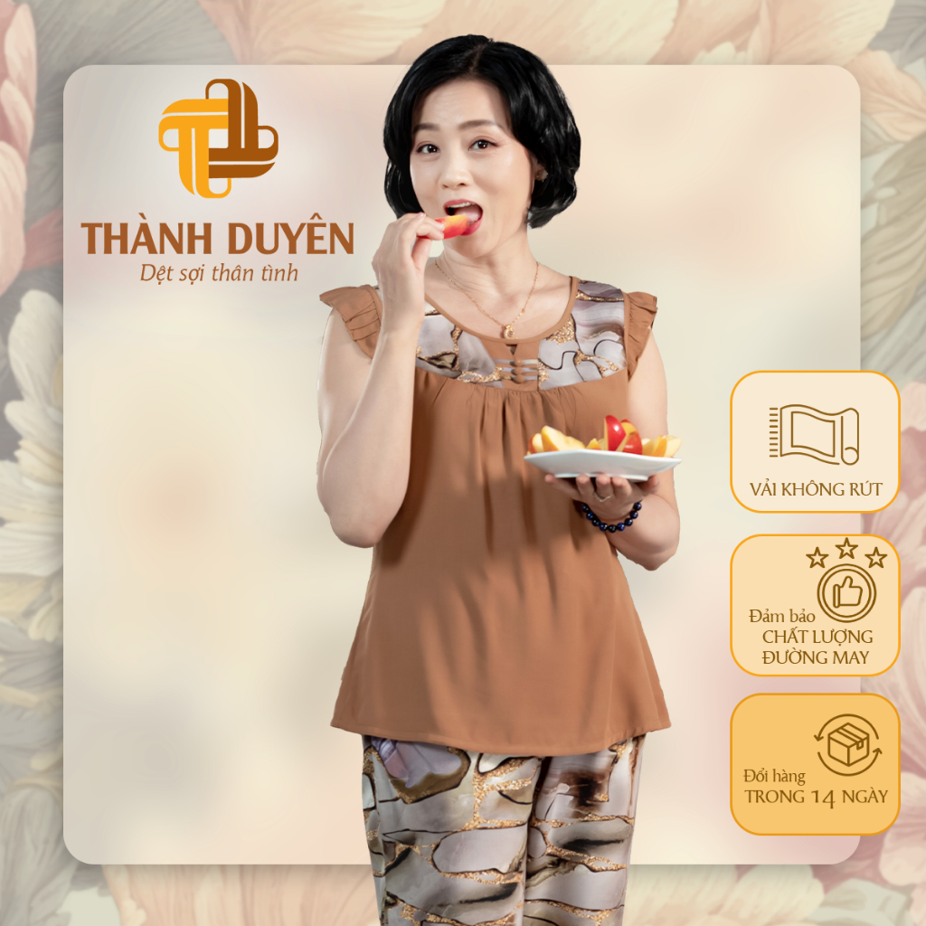 Đồ bộ Tole mặc nhà (Big Size) Thành Duyên hoa quần 9 tấc, tay cánh tiên, không rút, thoáng mát 2014CTT(F)(07_23)