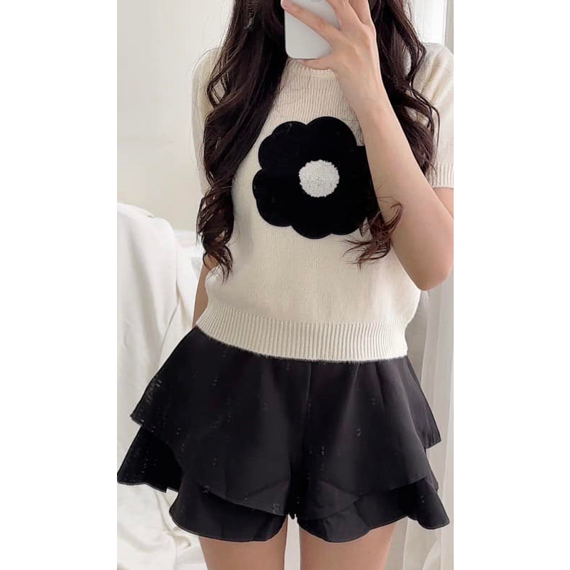 Áo len cộc tay hoa ngực xù 4 màu qc 125