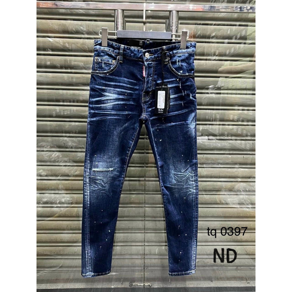 Quần Jean Nam DSQ D2 Dáng Biker Quần jean ống côn nam DSQ2 xanh đậm vẩy sơn in hình Kiếm sĩ