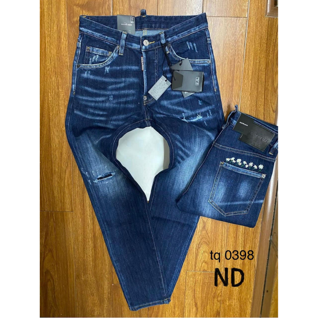 Quần Jean Nam DSQ D2 Dáng Biker Quần jean ống côn nam DSQ2 xanh đậm vẩy sơn in hình Kiếm sĩ