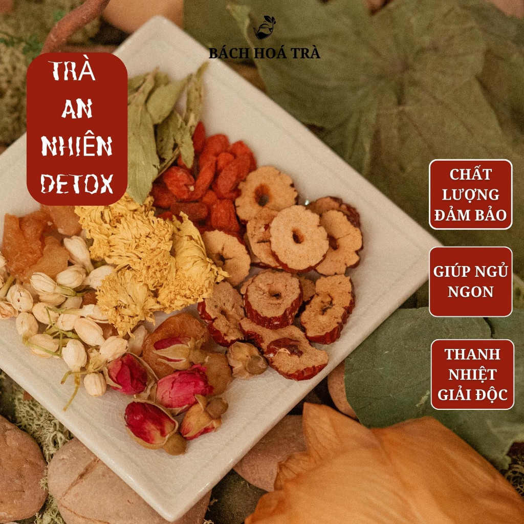 Trà an nhiên detox 7 vị ngủ ngon, thanh nhiệt giải độc, trà thảo mộc cỏ ngọt, kỷ tử, hoa hồng, cúc vàng, nhài, táo đỏ