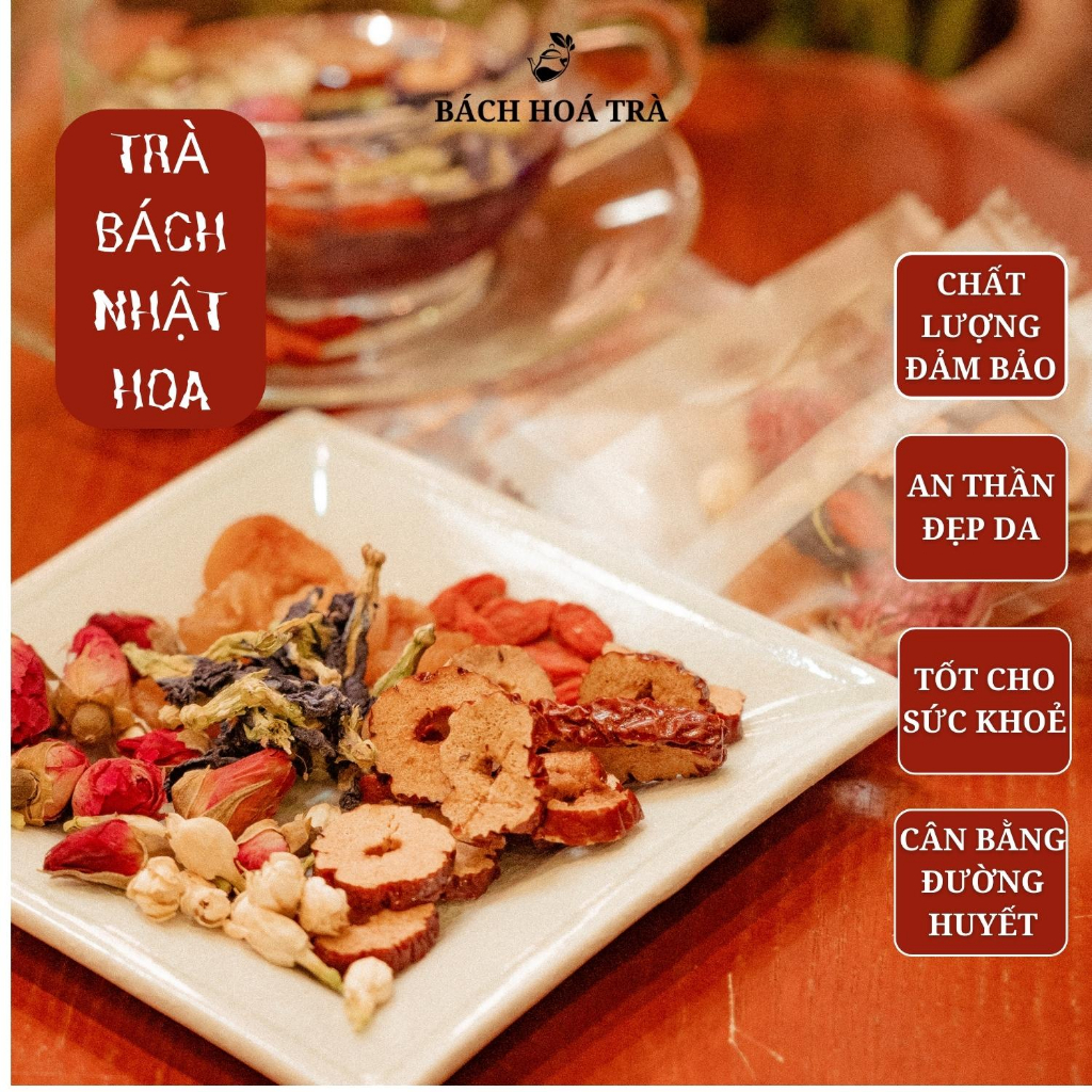 Trà bách nhật hoa 6 vị thảo mộc giảm cân, lợi tiểu, đẹp da, hoa đậu biếc, hoa hồng, táo đỏ, kỷ tử, long nhãn, hoa nhài
