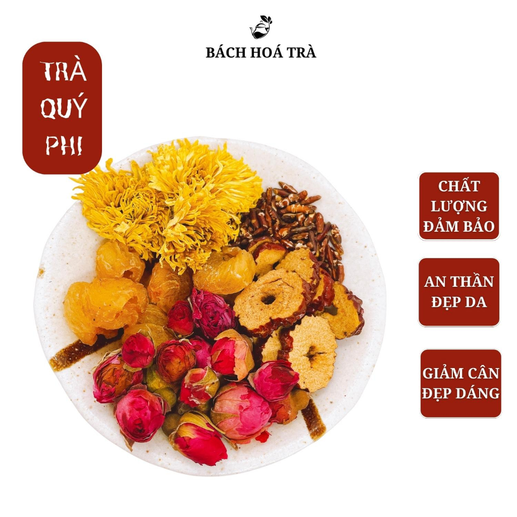 Trà quý phi 6 vị, trà thảo mộc giảm cân, đẹp da thảo mộc cúc vàng, hoa hồng, gạo lứt, long nhãn, táo đỏ, kỷ tử