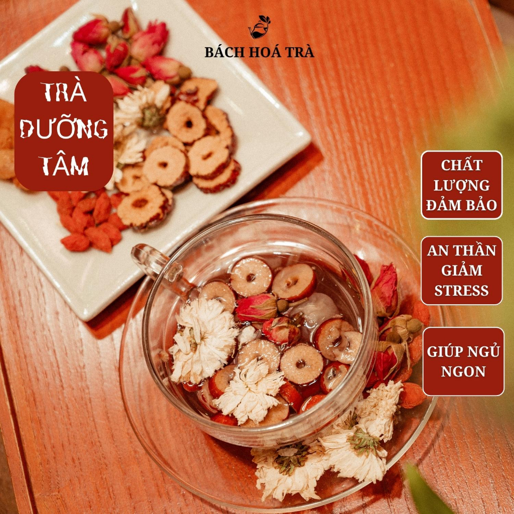 Trà thảo mộc dưỡng tâm 5 vị an thần, giúp ngủ ngon, hoa cúc trắng, kỷ tử, hoa hồng, táo đỏ, long nhãn