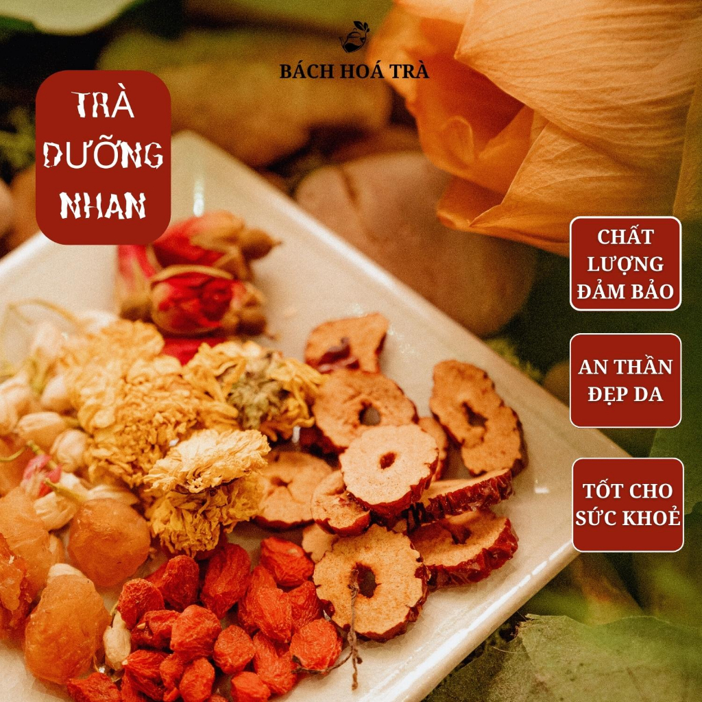 Trà dưỡng nhan 6 vị thảo mộc đẹp da, đẹp dáng, an thần, thảo dược hoa hồng, hoa nhài, táo đỏ, kỷ tử, hoa cúc vàng