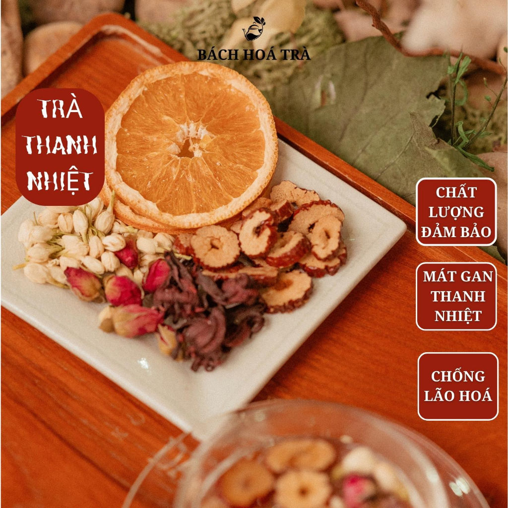 Trà thanh nhiệt giải độc, mát gan, đẹp da, chống lão hoá, giảm cân, trà thảo mộc táo đỏ, cam sấy lát, hibicus, hoa nhài