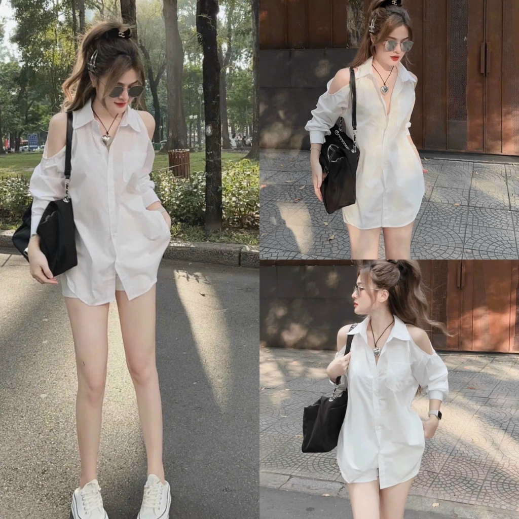 Set đồ nữ áo sơ mi xẻ vai kèm quần đùi cotton lạnh sang chảnh siêu đẹp phong cách Hàn Quốc