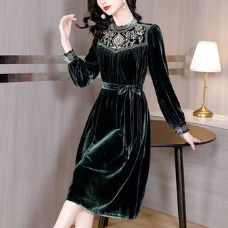Đầm nhung nữ cao cấp, màu xanh rêu phối hoạ tiết mới, kiểu dáng thanh lịch NV1131