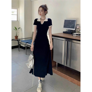 Váy len xuông dáng dài cổ bẻ nữ tính, dáng váy dài qua gối 064