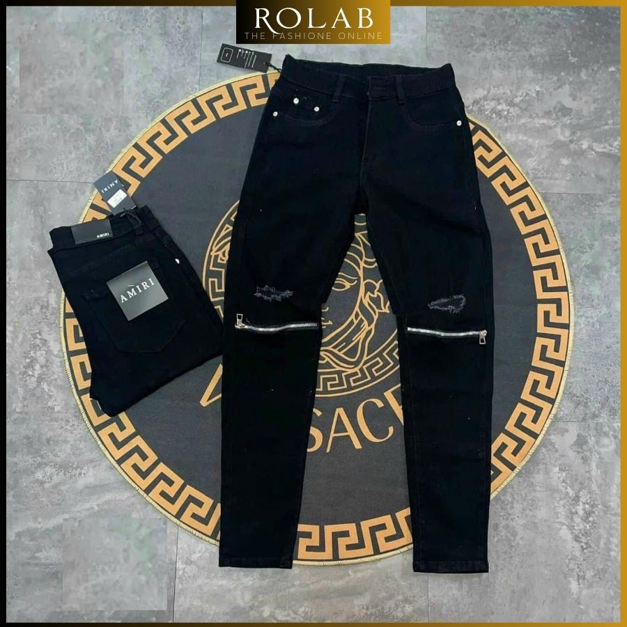 Quần jean nam rách vá da màu đen trơn chất liệu bò cao cấp co dãn 4 chiều form dáng skinny mẫu mới_ROLAB QJ 111