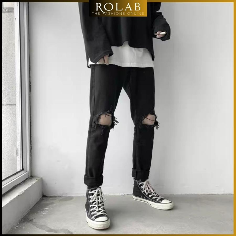 Quần jean nam rách vá da màu đen trơn chất liệu bò cao cấp co dãn 4 chiều form dáng skinny mẫu mới_ROLAB QJ 111